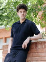 تیشرت یقه دار ریز بافت نیم زیپ سرمه ای