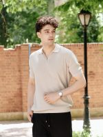 تیشرت یقه دار ریز بافت نیم زیپ خاکی - Image 3